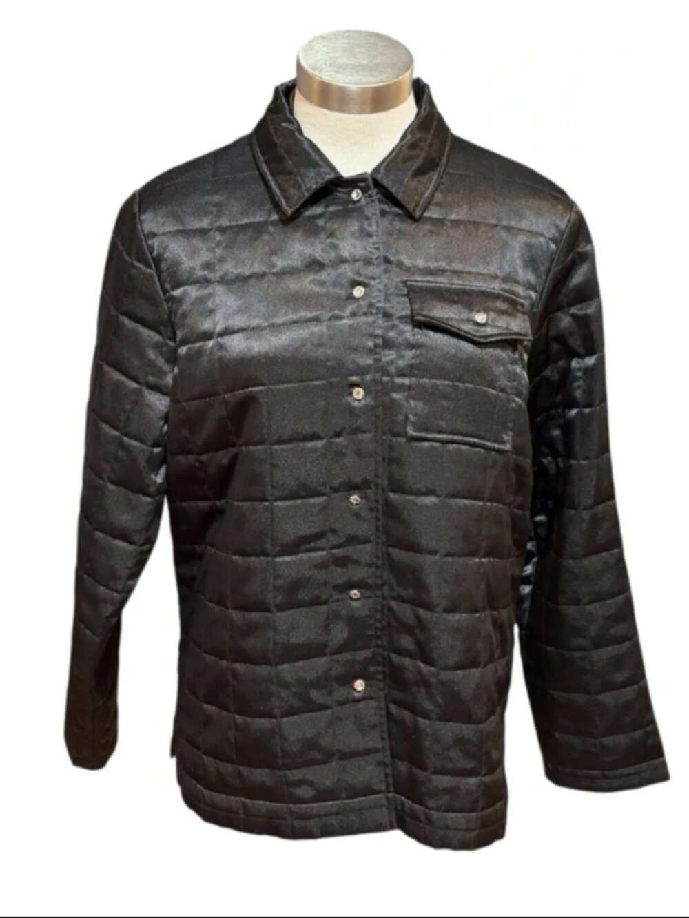 SPANNER Women's Jacket Shacket Black Satin Quilted Crystal Buttons Size L